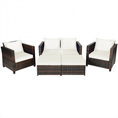 5 Pieces Outdoor Rattan Furniture Set Patio Conversation Sectional Sofa Set with Ottomans