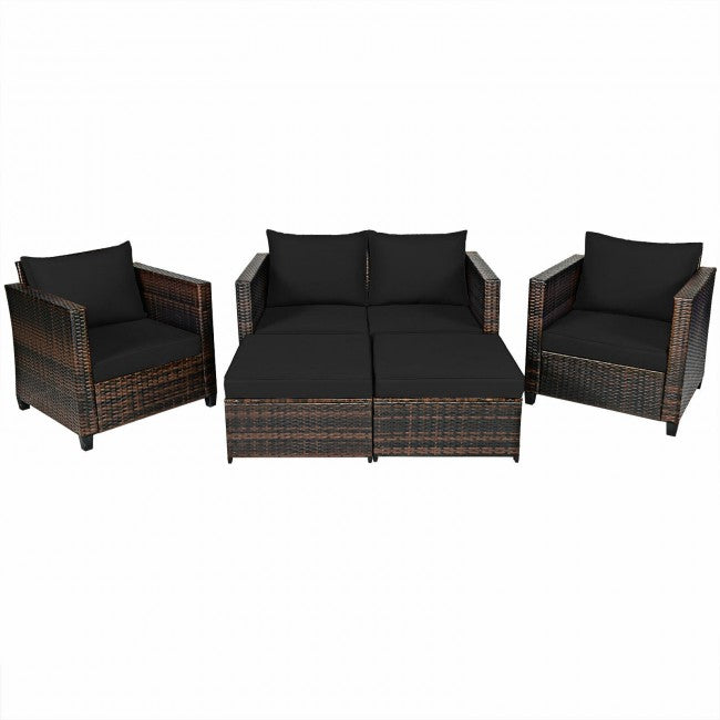 5 Pieces Outdoor Rattan Furniture Set Patio Conversation Sectional Sofa Set with Ottomans