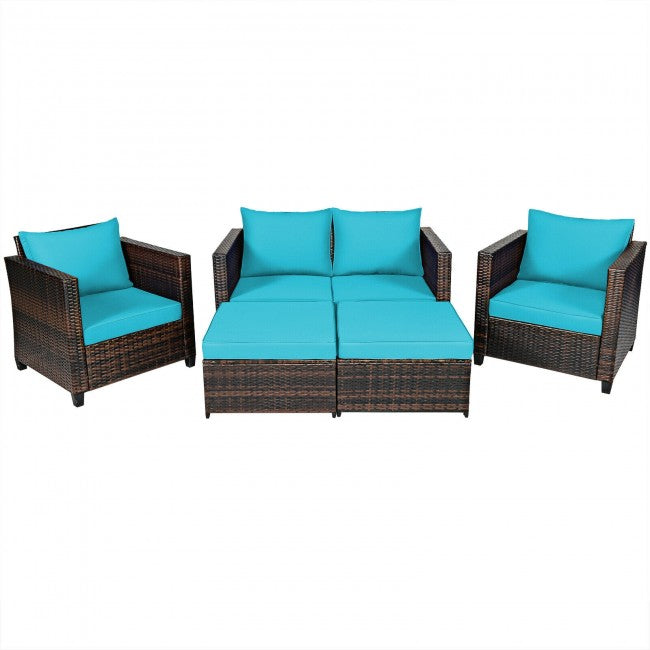 5 Pieces Outdoor Rattan Furniture Set Patio Conversation Sectional Sofa Set with Ottomans