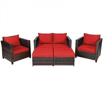 5 Pieces Outdoor Rattan Furniture Set Patio Conversation Sectional Sofa Set with Ottomans