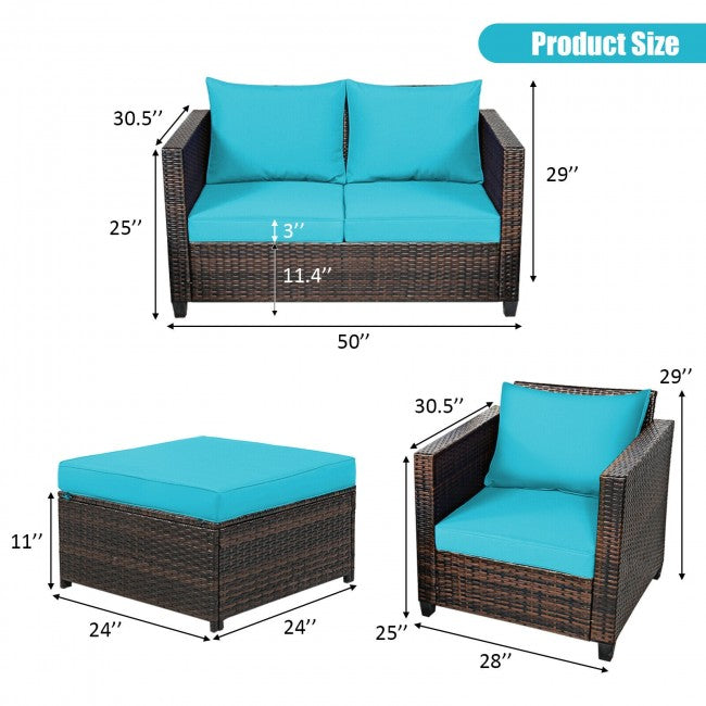 5 Pieces Outdoor Rattan Furniture Set Patio Conversation Sectional Sofa Set with Ottomans