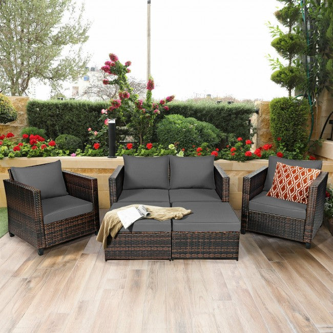 5 Pieces Outdoor Rattan Furniture Set Patio Conversation Sectional Sofa Set with Ottomans