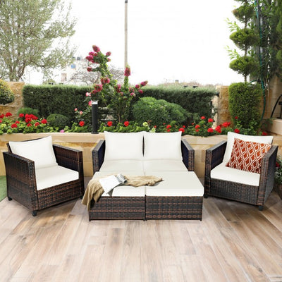 5 Pieces Outdoor Rattan Furniture Set Patio Conversation Sectional Sofa Set with Ottomans