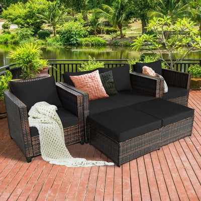 5 Pieces Outdoor Rattan Furniture Set Patio Conversation Sectional Sofa Set with Ottomans