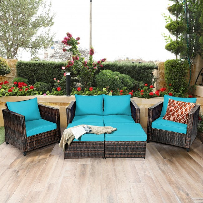 5 Pieces Outdoor Rattan Furniture Set Patio Conversation Sectional Sofa Set with Ottomans