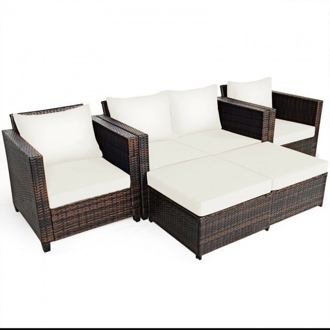 5 Pieces Outdoor Rattan Furniture Set Patio Conversation Sectional Sofa Set with Ottomans