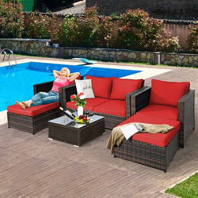 5 Pieces Outdoor Rattan Furniture Set Patio Conversation Sectional Sofa Set with Ottomans