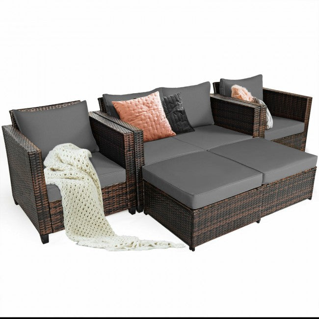 5 Pieces Outdoor Rattan Furniture Set Patio Conversation Sectional Sofa Set with Ottomans