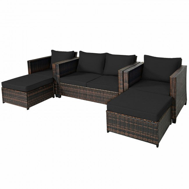 5 Pieces Outdoor Rattan Furniture Set Patio Conversation Sectional Sofa Set with Ottomans