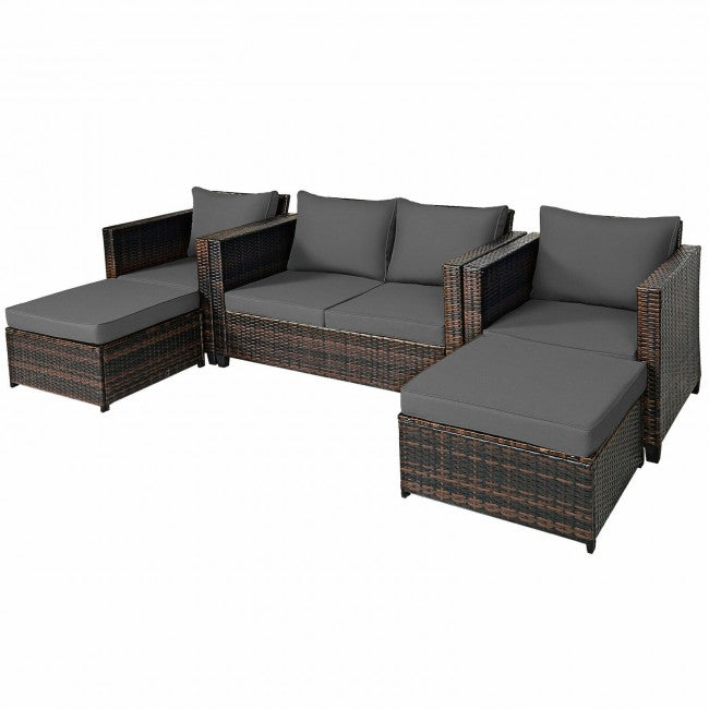 5 Pieces Outdoor Rattan Furniture Set Patio Conversation Sectional Sofa Set with Ottomans