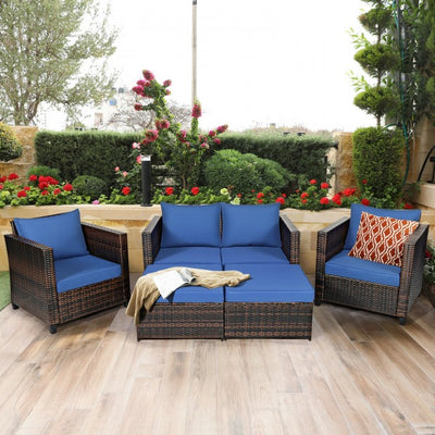 5 Pieces Outdoor Rattan Furniture Set Patio Conversation Sectional Sofa Set with Ottomans