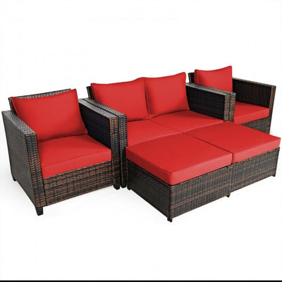 5 Pieces Outdoor Rattan Furniture Set Patio Conversation Sectional Sofa Set with Ottomans