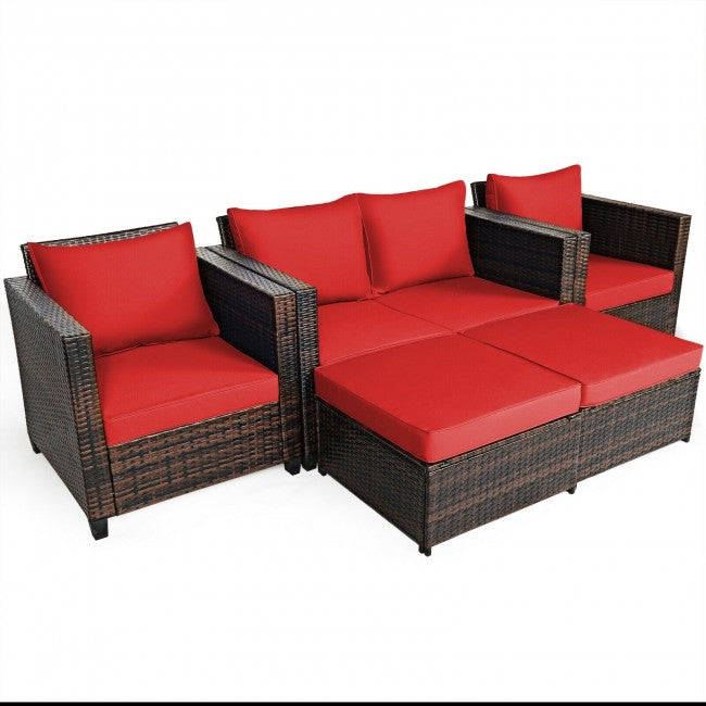 5 Pieces Outdoor Rattan Furniture Set Patio Conversation Sectional Sofa Set with Ottomans