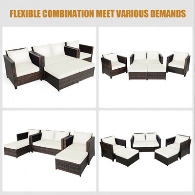 5 Pieces Outdoor Rattan Furniture Set Patio Conversation Sectional Sofa Set with Ottomans