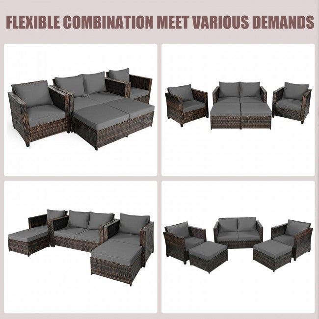 5 Pieces Outdoor Rattan Furniture Set Patio Conversation Sectional Sofa Set with Ottomans