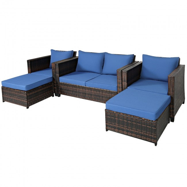 5 Pieces Outdoor Rattan Furniture Set Patio Conversation Sectional Sofa Set with Ottomans