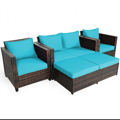 5 Pieces Outdoor Rattan Furniture Set Patio Conversation Sectional Sofa Set with Ottomans