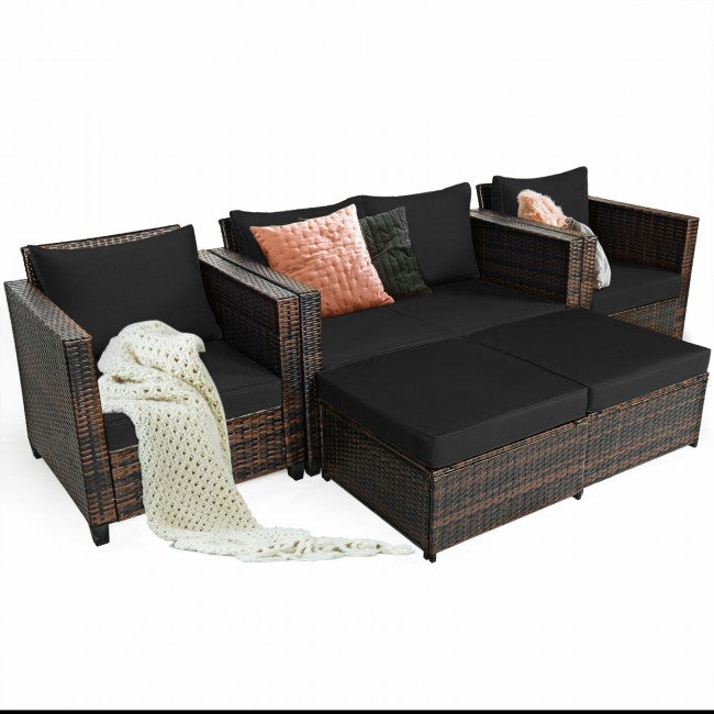 5 Pieces Outdoor Rattan Furniture Set Patio Conversation Sectional Sofa Set with Ottomans