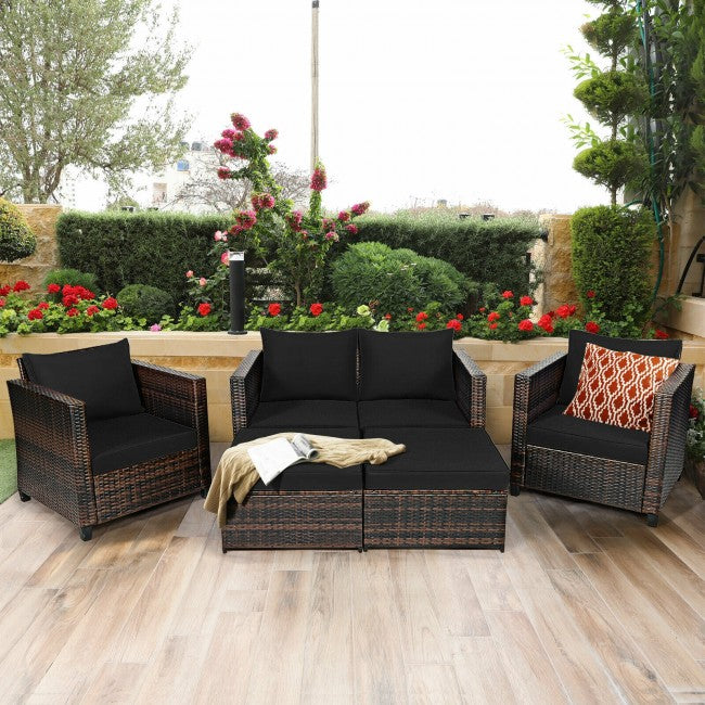 5 Pieces Outdoor Rattan Furniture Set Patio Conversation Sectional Sofa Set with Ottomans