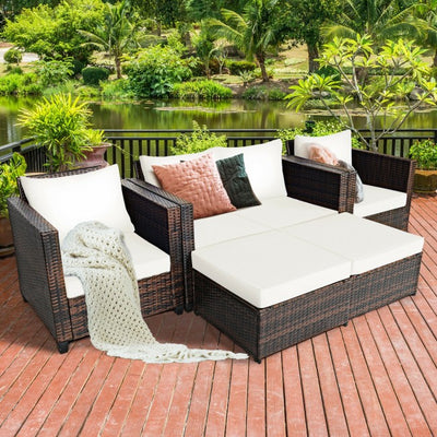 5 Pieces Outdoor Rattan Furniture Set Patio Conversation Sectional Sofa Set with Ottomans