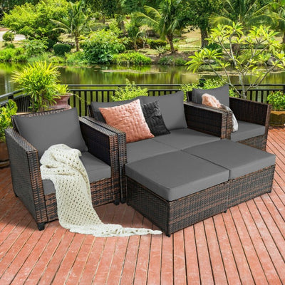 5 Pieces Outdoor Rattan Furniture Set Patio Conversation Sectional Sofa Set with Ottomans