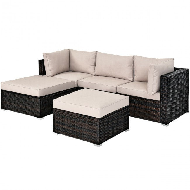 5 Pieces Outdoor Rattan Sectional Conversation Sofa Set Patio Furniture Sets with Cushion and Ottoman