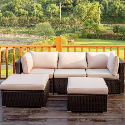 5 Pieces Outdoor Rattan Sectional Conversation Sofa Set Patio Furniture Sets with Cushion and Ottoman
