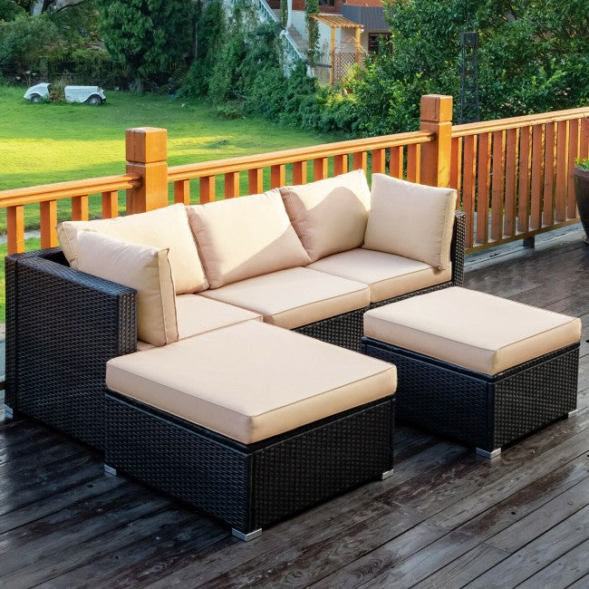 5 Pieces Outdoor Rattan Sectional Conversation Sofa Set Patio Furniture Sets with Cushion and Ottoman