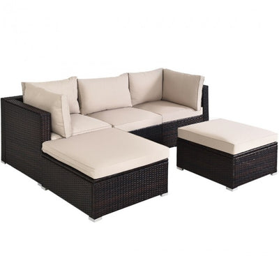 5 Pieces Outdoor Rattan Sectional Conversation Sofa Set Patio Furniture Sets with Cushion and Ottoman