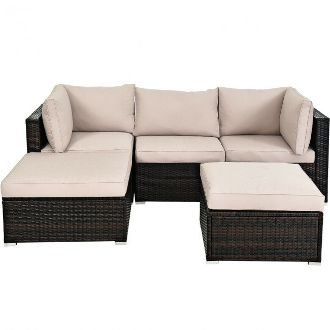 5 Pieces Outdoor Rattan Sectional Conversation Sofa Set Patio Furniture Sets with Cushion and Ottoman