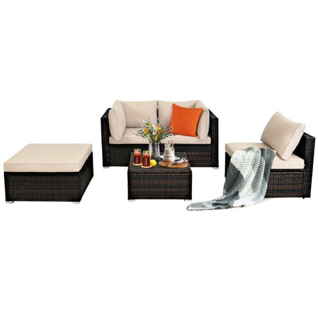 5 Pieces Outdoor Rattan Sectional Conversation Sofa Set Patio Furniture Sets with Cushion and Ottoman