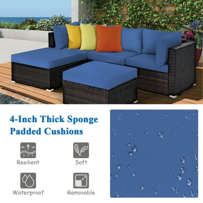 5 Pieces Outdoor Rattan Sectional Conversation Sofa Set Patio Furniture Sets with Cushion and Ottoman