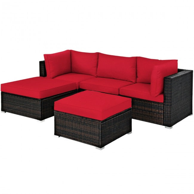 5 Pieces Outdoor Rattan Sectional Conversation Sofa Set Patio Furniture Sets with Cushion and Ottoman