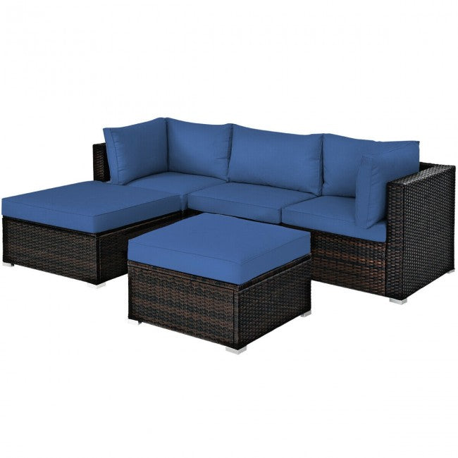 5 Pieces Outdoor Rattan Sectional Conversation Sofa Set Patio Furniture Sets with Cushion and Ottoman