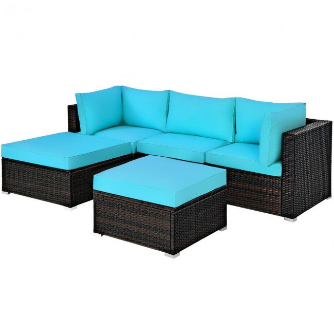 5 Pieces Outdoor Rattan Sectional Conversation Sofa Set Patio Furniture Sets with Cushion and Ottoman