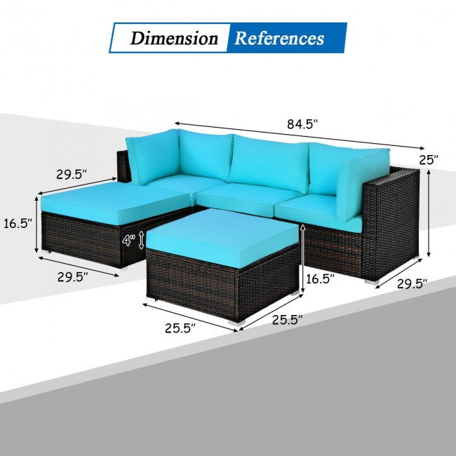 5 Pieces Outdoor Rattan Sectional Conversation Sofa Set Patio Furniture Sets with Cushion and Ottoman