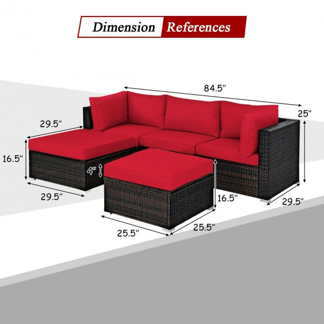 5 Pieces Outdoor Rattan Sectional Conversation Sofa Set Patio Furniture Sets with Cushion and Ottoman