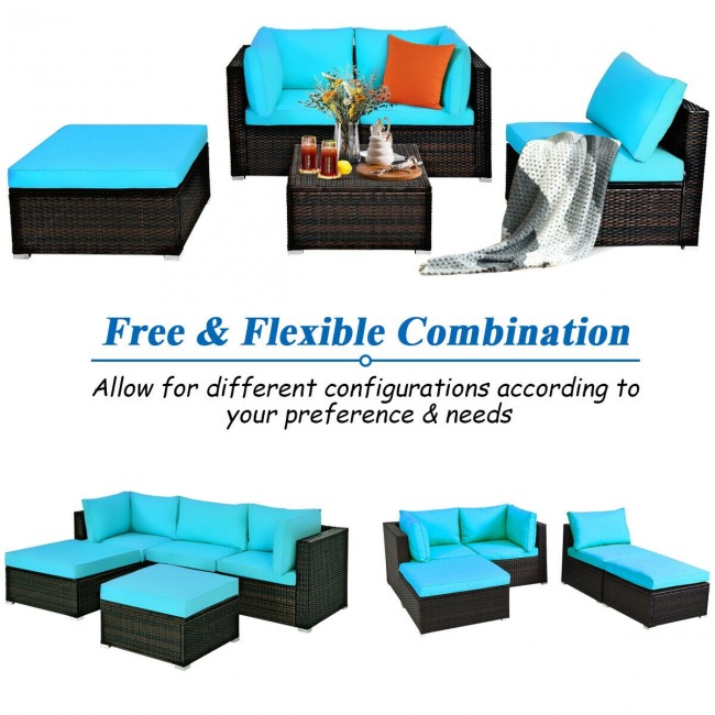 5 Pieces Outdoor Rattan Sectional Conversation Sofa Set Patio Furniture Sets with Cushion and Ottoman