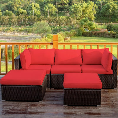 5 Pieces Outdoor Rattan Sectional Conversation Sofa Set Patio Furniture Sets with Cushion and Ottoman