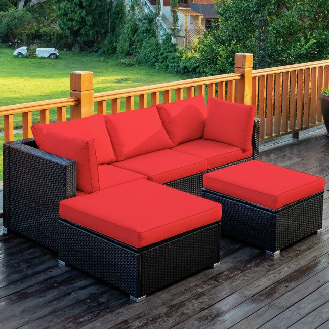 5 Pieces Outdoor Rattan Sectional Conversation Sofa Set Patio Furniture Sets with Cushion and Ottoman