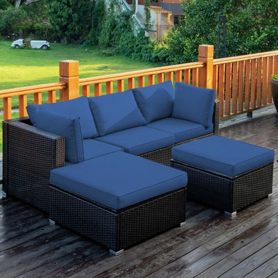 5 Pieces Outdoor Rattan Sectional Conversation Sofa Set Patio Furniture Sets with Cushion and Ottoman