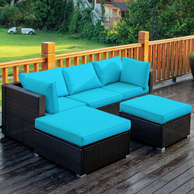 5 Pieces Outdoor Rattan Sectional Conversation Sofa Set Patio Furniture Sets with Cushion and Ottoman