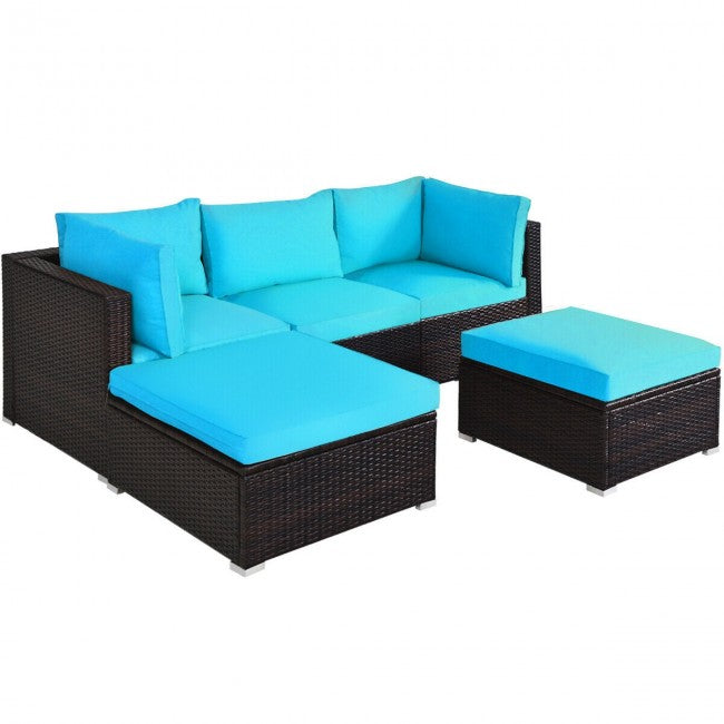 5 Pieces Outdoor Rattan Sectional Conversation Sofa Set Patio Furniture Sets with Cushion and Ottoman