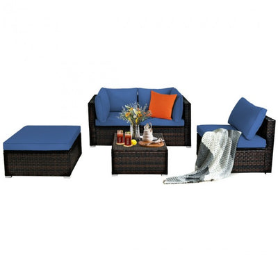 5 Pieces Outdoor Rattan Sectional Conversation Sofa Set Patio Furniture Sets with Cushion and Ottoman