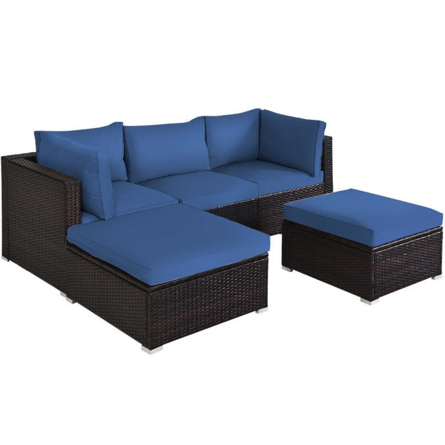 5 Pieces Outdoor Rattan Sectional Conversation Sofa Set Patio Furniture Sets with Cushion and Ottoman