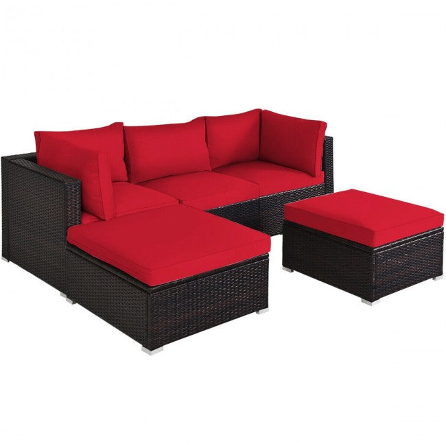 5 Pieces Outdoor Rattan Sectional Conversation Sofa Set Patio Furniture Sets with Cushion and Ottoman