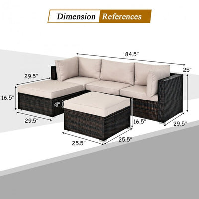 5 Pieces Outdoor Rattan Sectional Conversation Sofa Set Patio Furniture Sets with Cushion and Ottoman