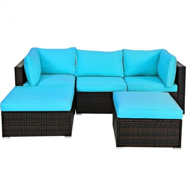 5 Pieces Outdoor Rattan Sectional Conversation Sofa Set Patio Furniture Sets with Cushion and Ottoman