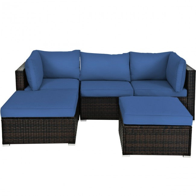 5 Pieces Outdoor Rattan Sectional Conversation Sofa Set Patio Furniture Sets with Cushion and Ottoman