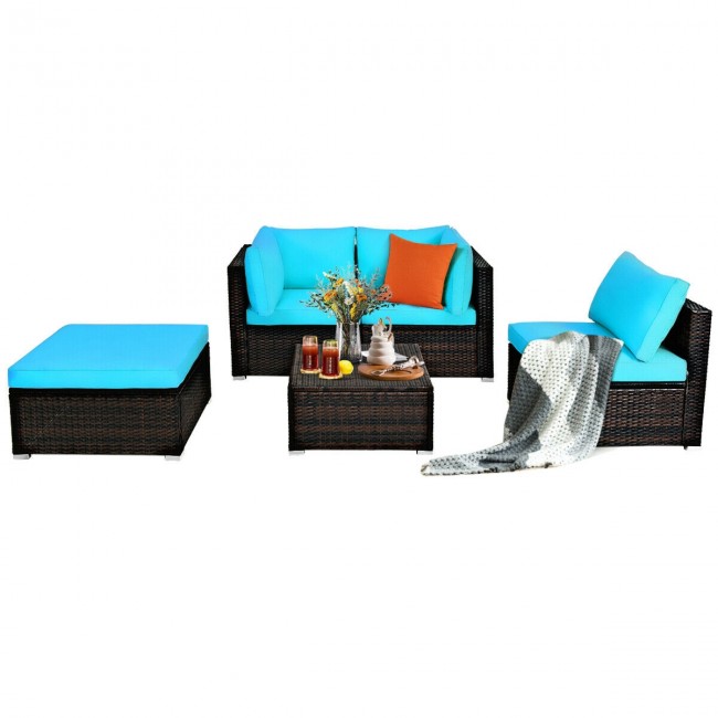 5 Pieces Outdoor Rattan Sectional Conversation Sofa Set Patio Furniture Sets with Cushion and Ottoman